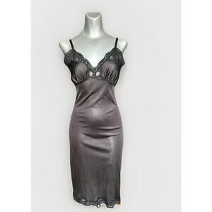 Vintage Black Nylon Slip Dress Lingerie Midi ILGWU Sz 32 Whimsigoth Glam Retro